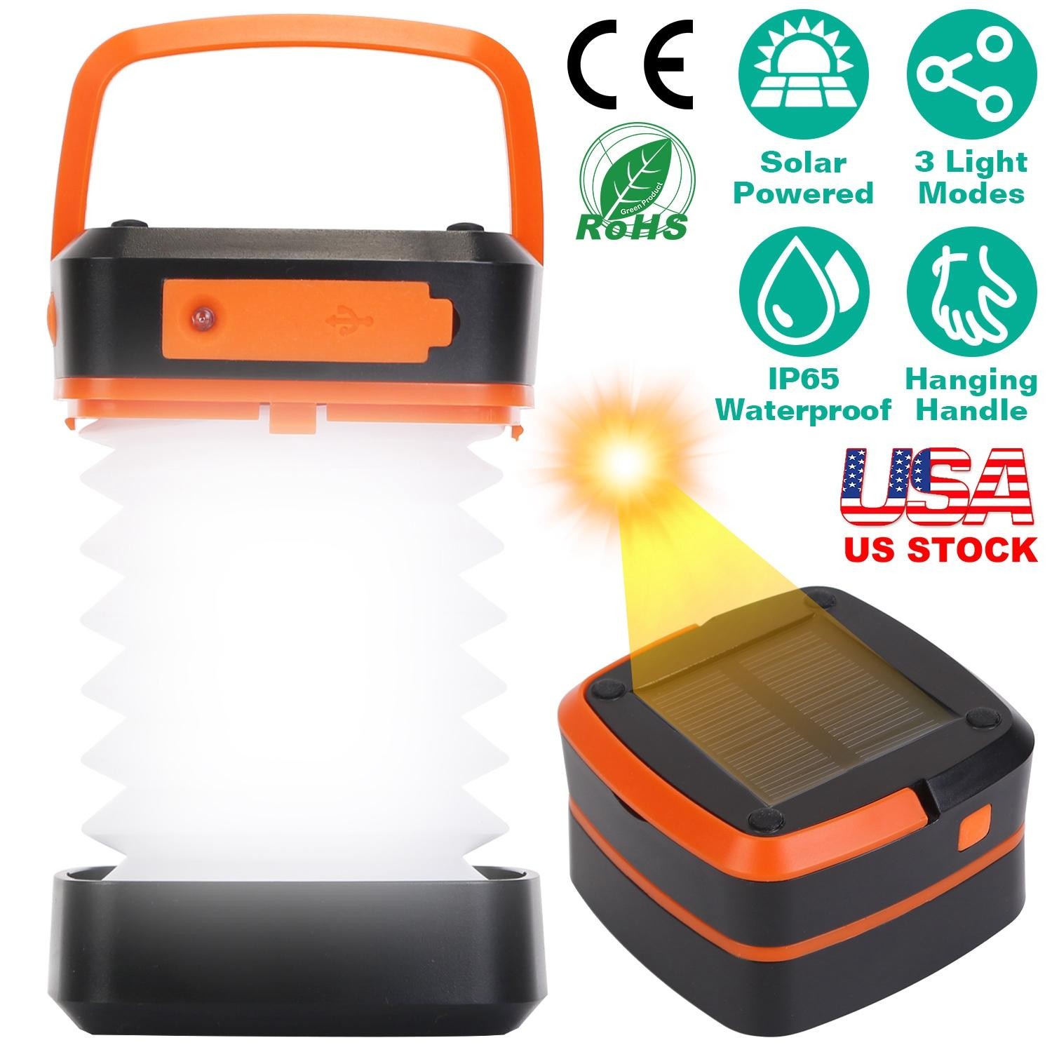 Solar Camping Lantern LED Collapsible Tent Lamp USB Rechargeable Emergency Light