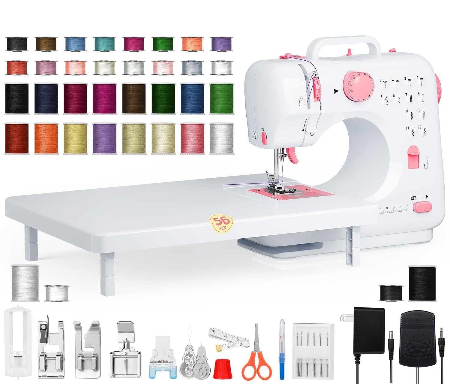 Compact Sewing Machine for Beginners - 12 Stitches, LED Light, Extension Table,