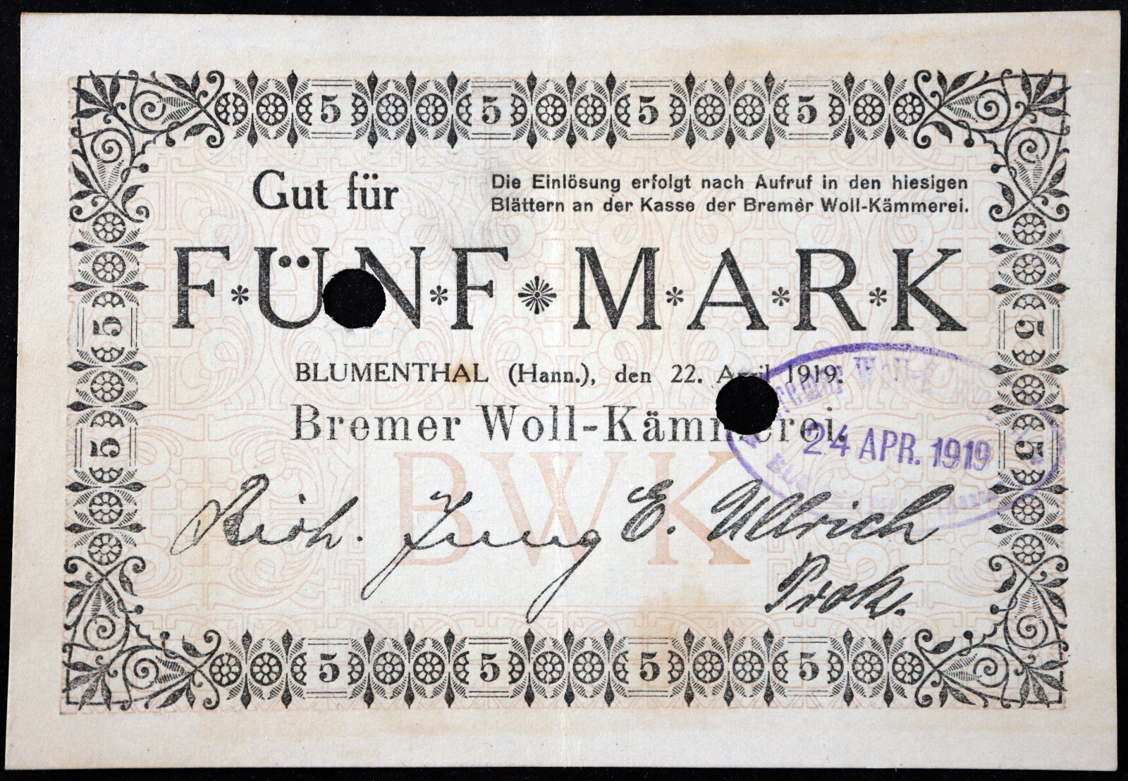 BLUMENTHAL 1919 RARE "Bremer Woll-Kämmerei" 5 Mark Grossnotgeld German Notgeld
