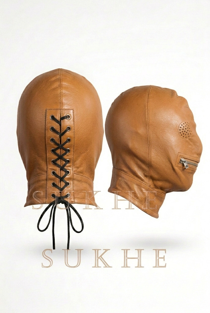 Custom Made Genuine Leather Hood Face Mask Costume Masks Hoods Tan SK-MH02