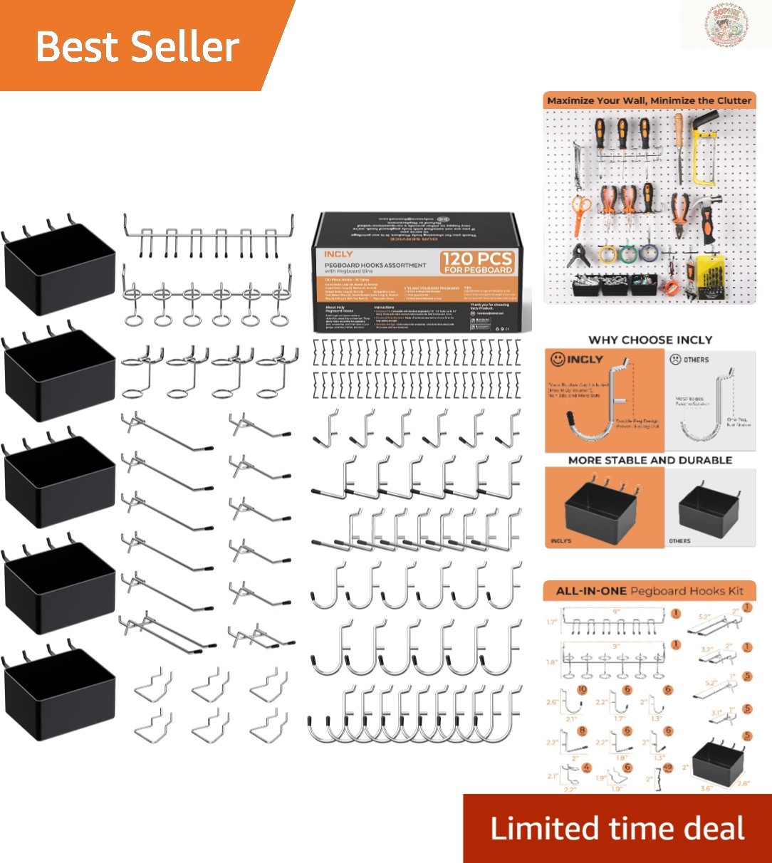 Pegboard Organizer - 120PCS Assorted Hooks & Bins for Workspace Clarity