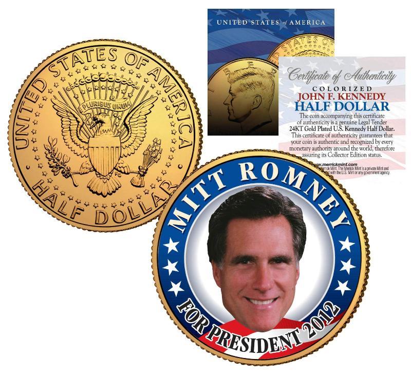 MITT ROMNEY "For President 2012" 24K Gold Plated US Mint JFK Kennedy Half Dollar