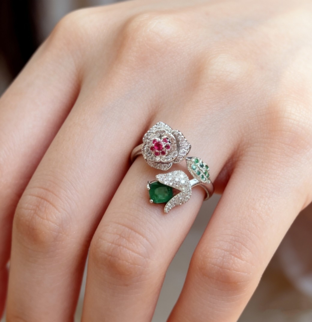 Pretty Multicolor CZ Pave Double Form Rose Elegant Women Silver Plated Open Ring