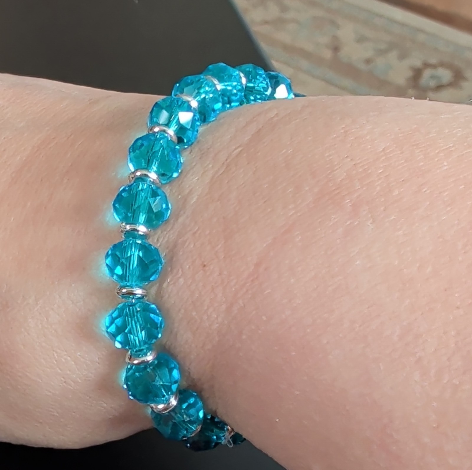 Beaded Bracelet Blue Crystal Round Faceted Beads Silver Tone Spacers Adjustable