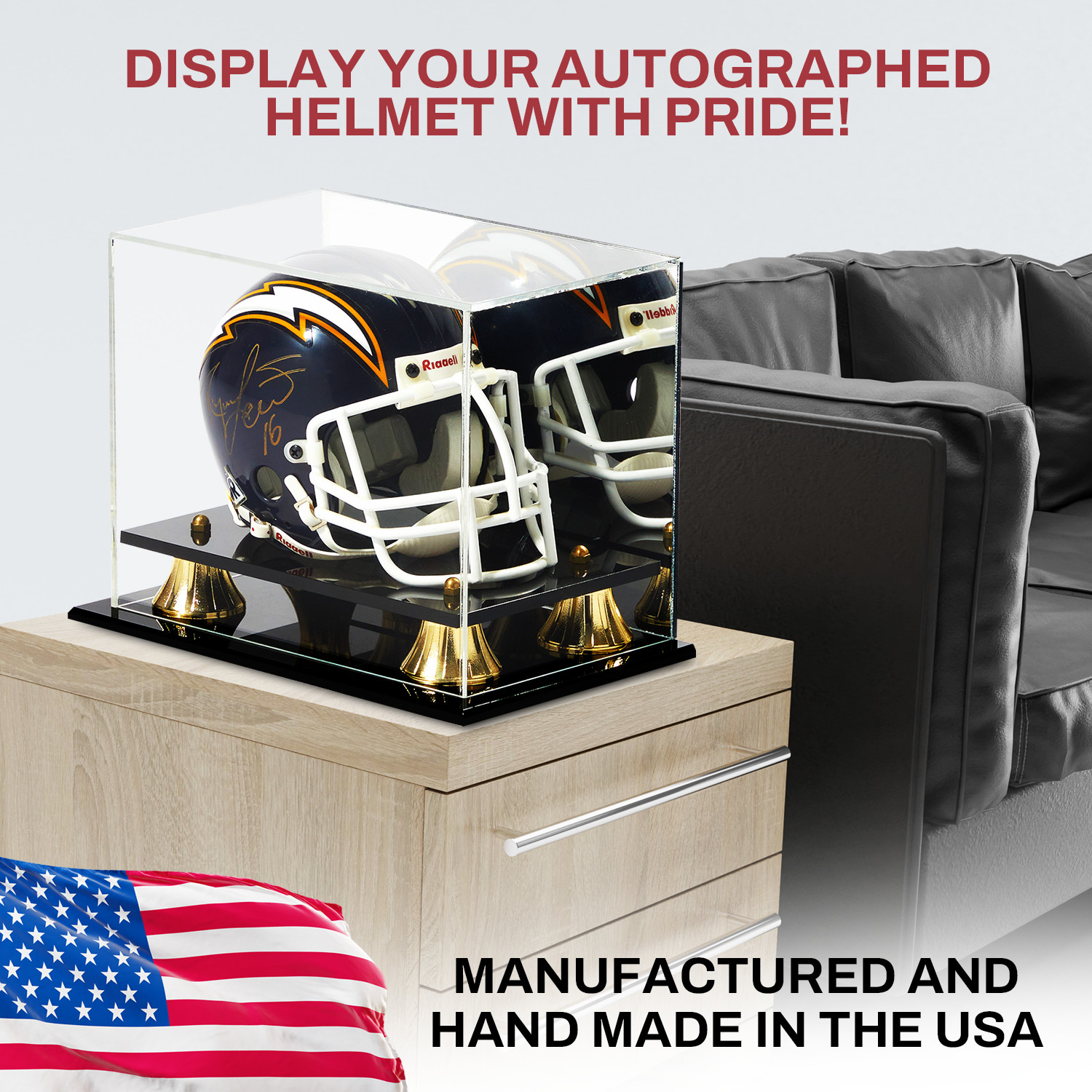Mini Helmet Display Case Acrylic w/ Black Acrylic Base Gold Risers & Mirror Back