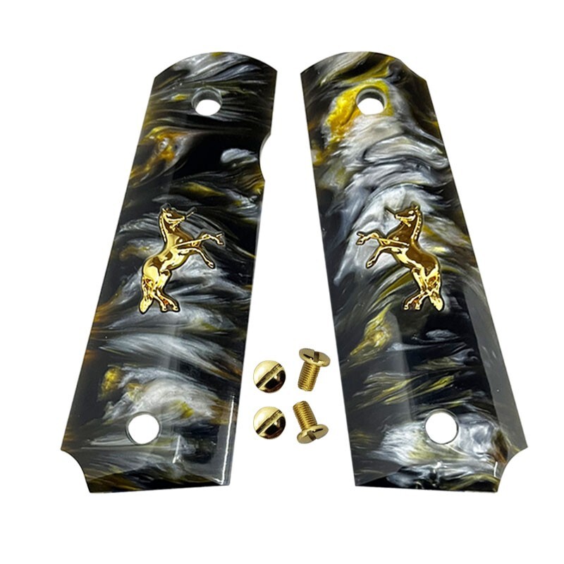 1911 Grips Full Size fit Colt Springfield Grips Black Pearl W/Gold Horse & Screw