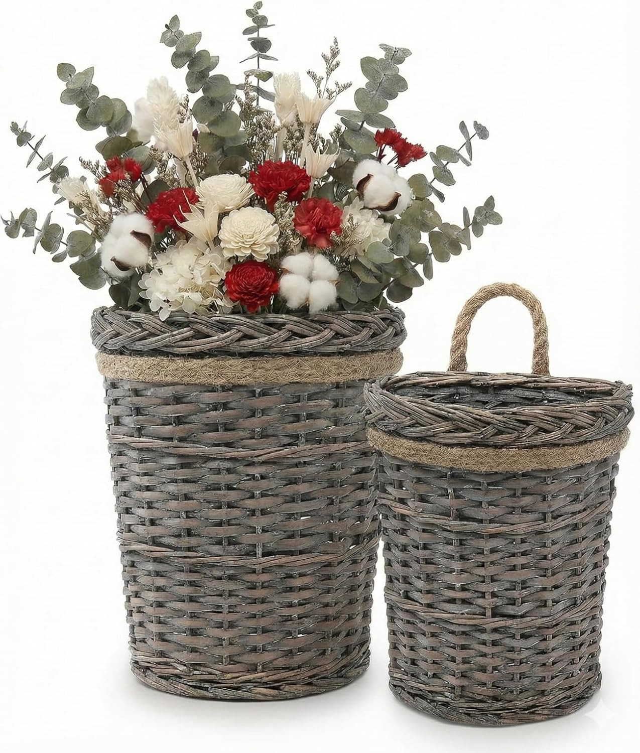 2-Pack Woven Wicker Wall Hanging Baskets, Grey Willow Wall Pocket Decor for Faux