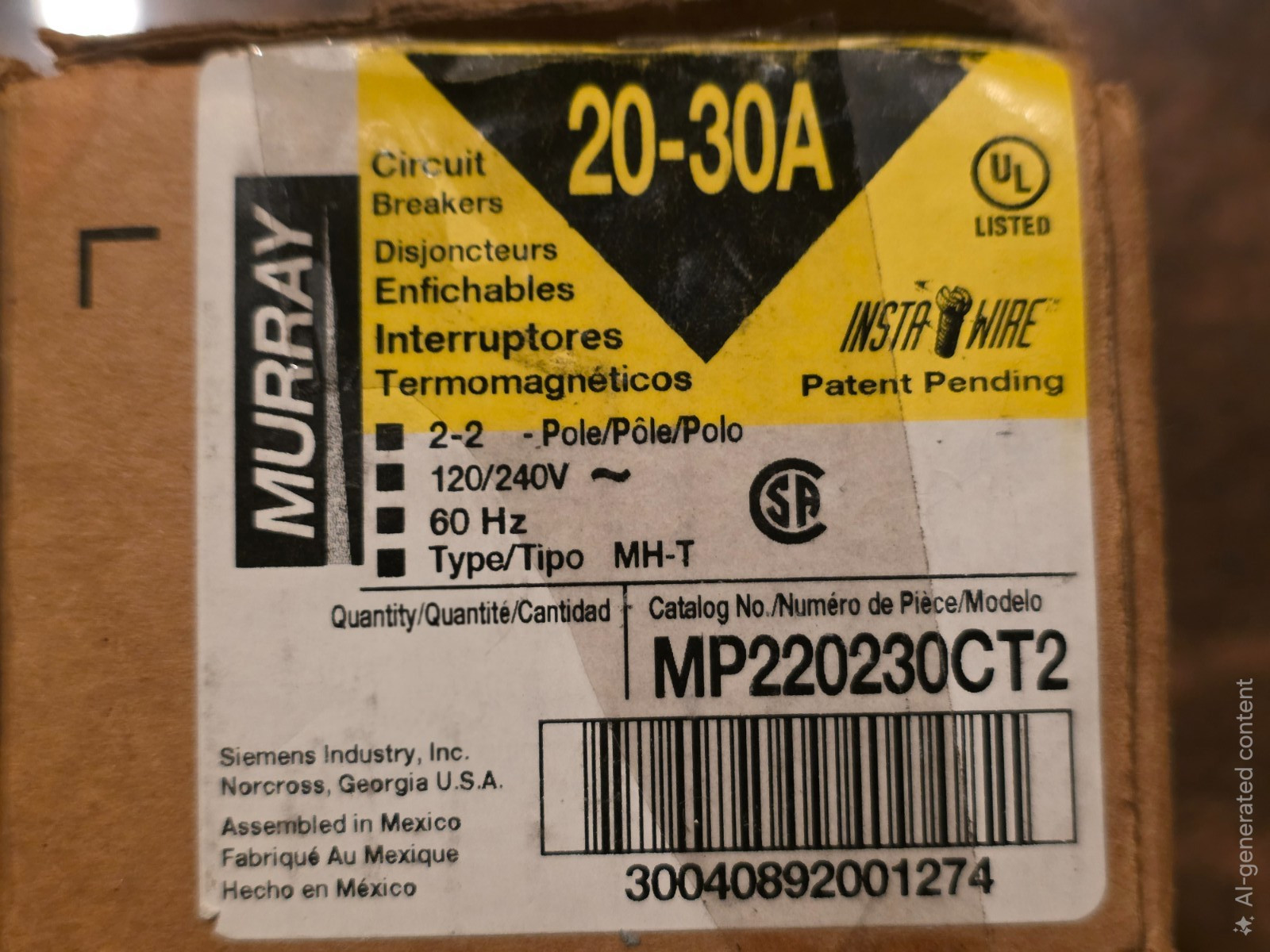 MURRAY MP220230CT2 Two Double Pole 30A Outside Two 20A Inside Circuit Breaker