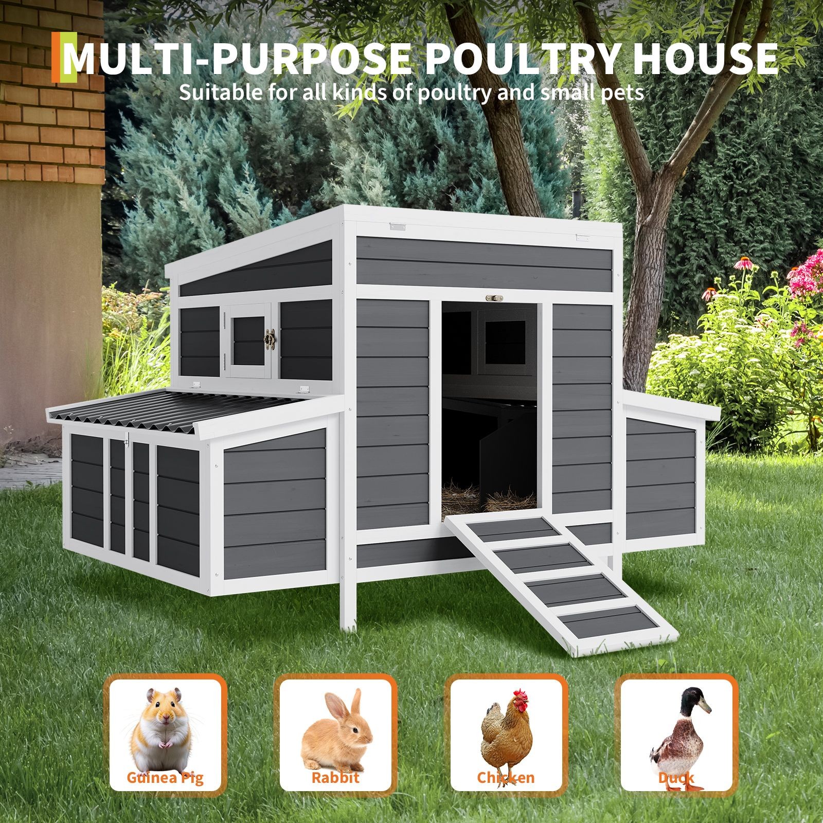 55" Chicken Coop 4-6 Chickens Dual Nesting Boxes Waterproof, Lockable Ventilated