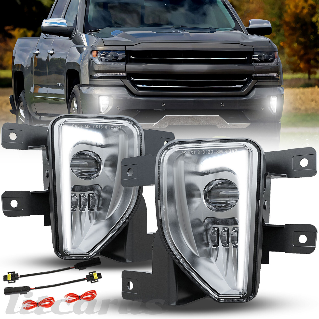 DRL LED Fog Lights Front Bumper Lamps For Chevy Silverado 1500 2016 2017 2018