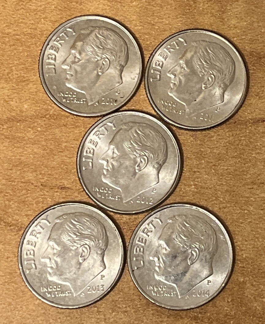 2010-P,2011-P,2012-P,2013-P,2014-P  AU    Roosevelt Dimes ( set of 5 dimes )