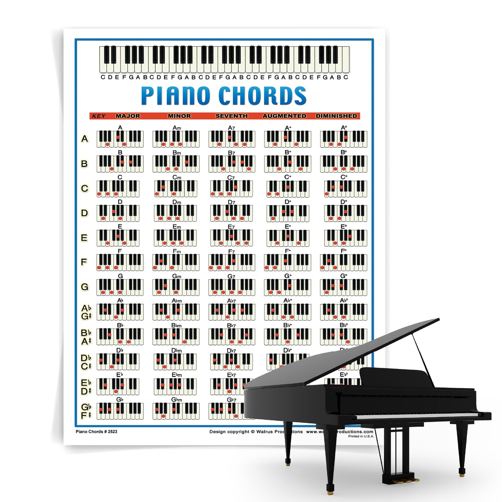 Laminated Piano Chord Chart 8.5 x 11 - Essential Music Reference