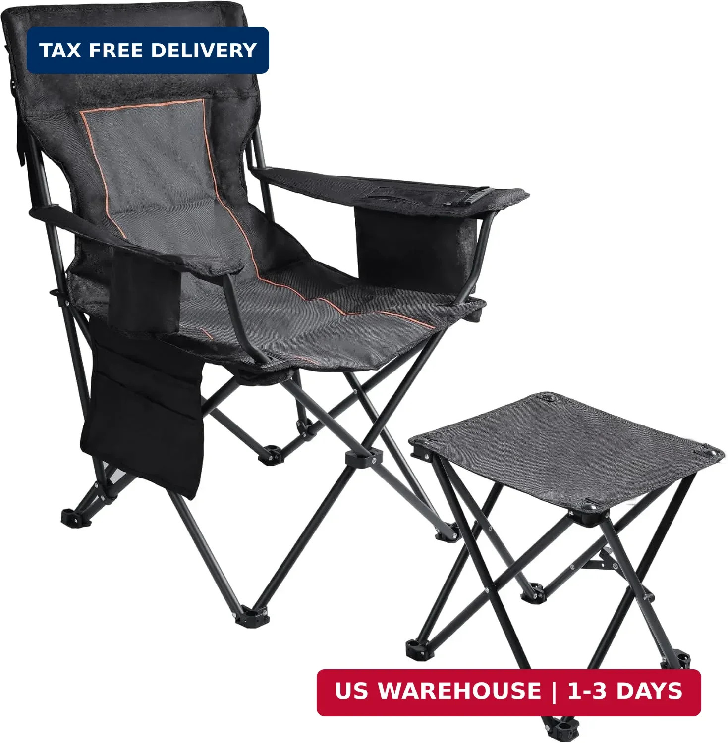 FAIR WIND Oversized Padded Camping Chair with Footrest Stool Set Heavy Duty Supp