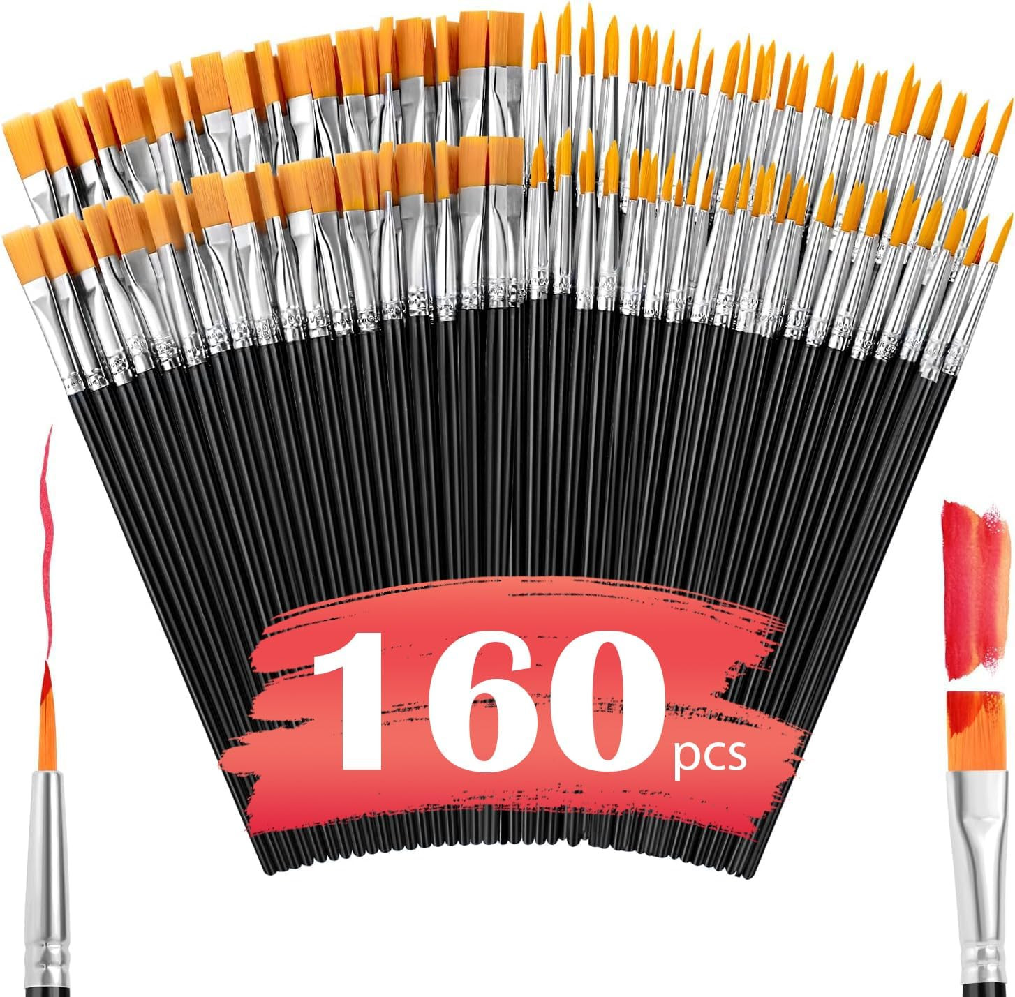 Small Paint Brushes Bulk,160 Pcs Black Nylon Hair Paint Brushes | Kids Flat Tip