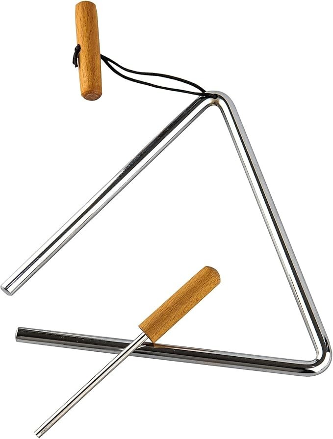 Instrumento musical de percusión manual triangular con percutor, Rhythm Steel.