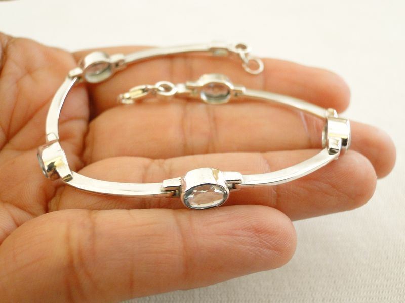 Blue Topaz Gemstone 925 Sterling Silver Station Bracelet