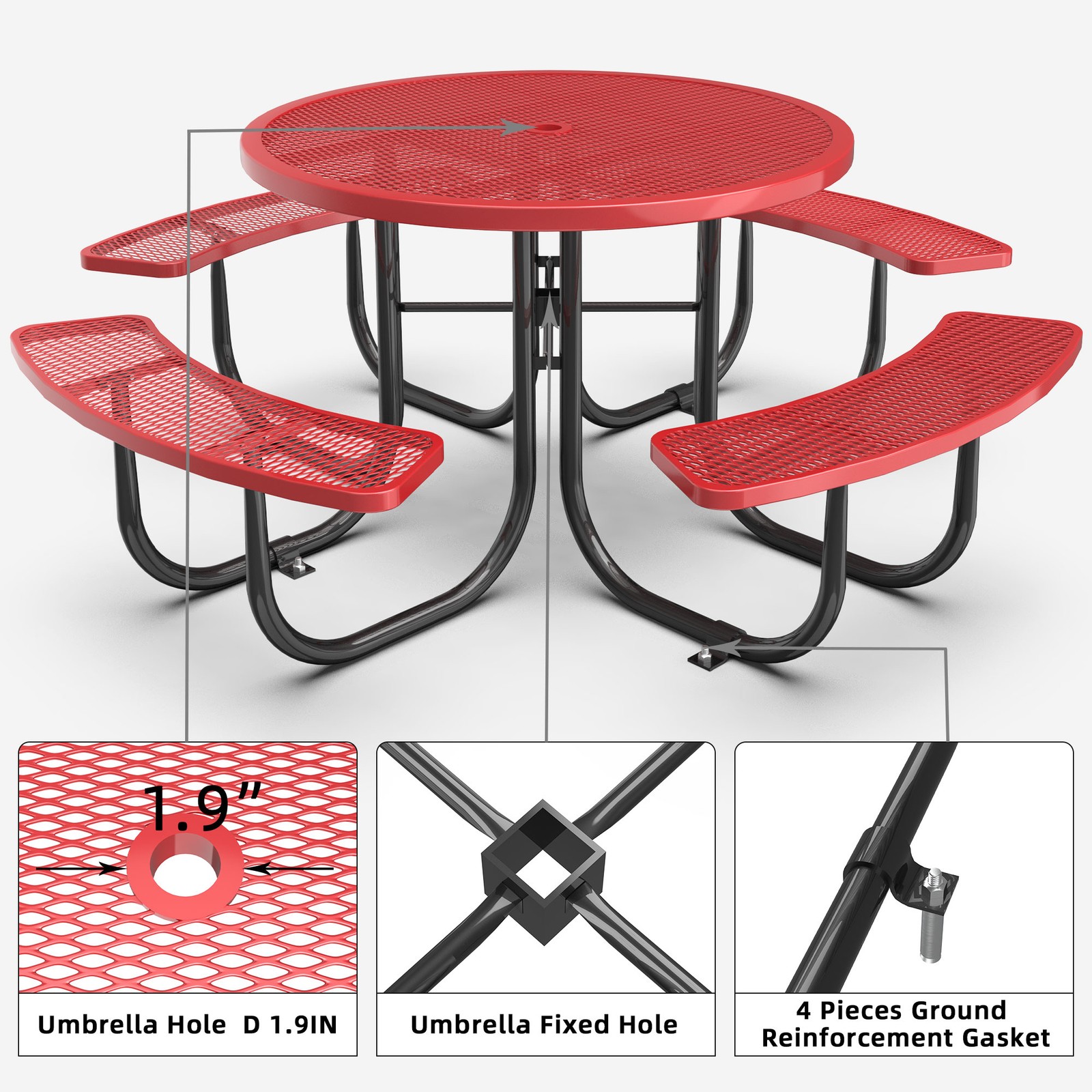 Red Round Patio Table & Chair Set with Umbrella Hole