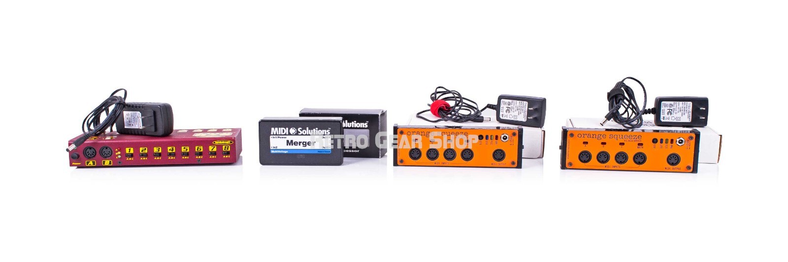 Midiman Thru Box 3x8, Orange Squeeze 4x1 + Midi Solutions Midi Merge Synth Set