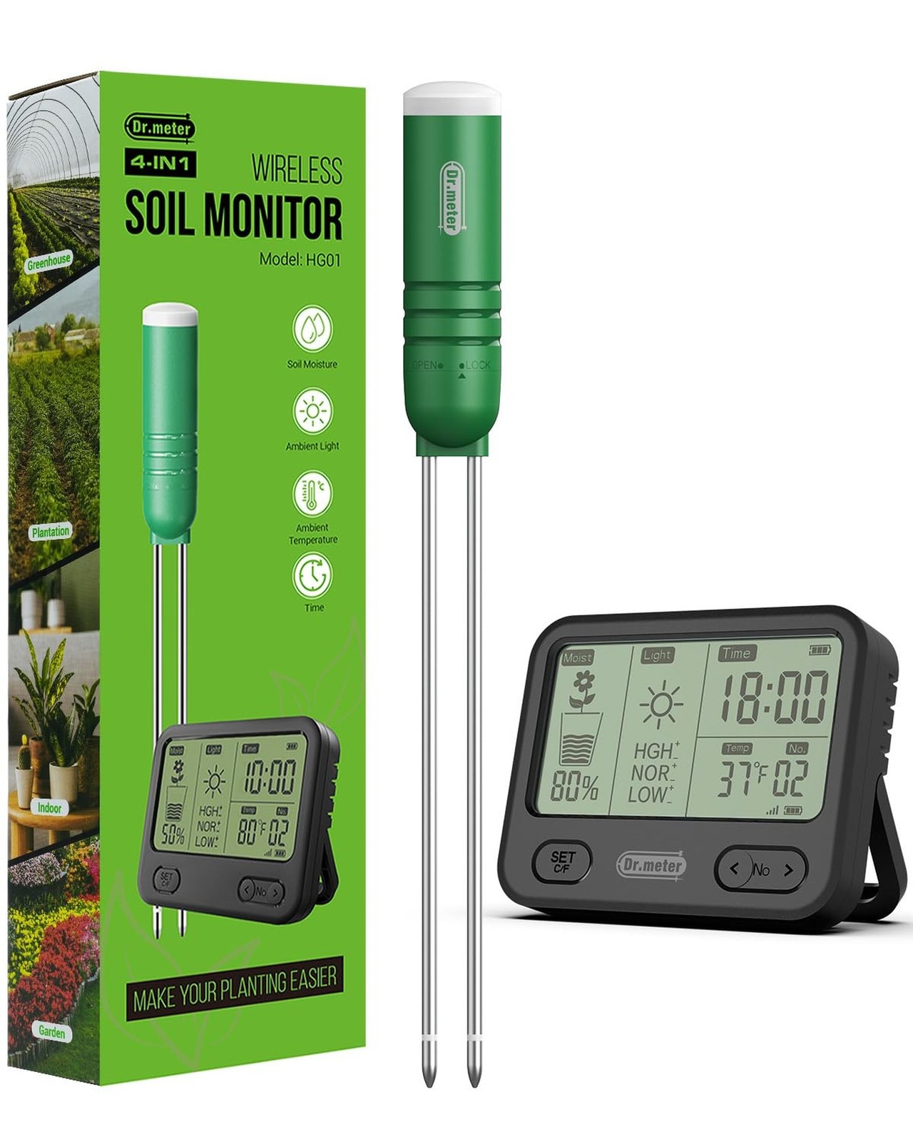 Dr.meter 4-in-1 Soil Moisture Meter, 300ft Wireless Soil Tester Sensor, Tempe...