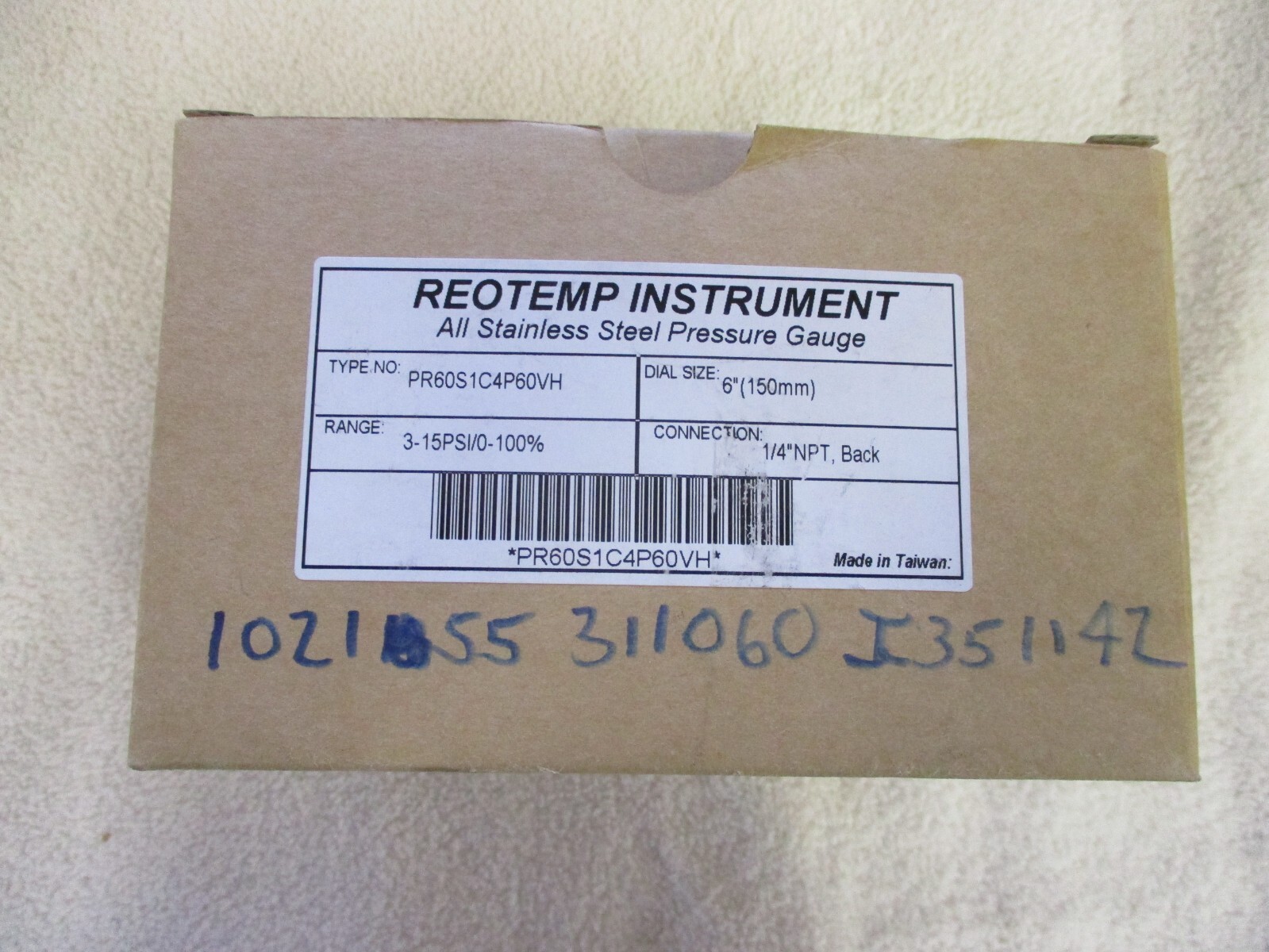 NIB REOTEMP Instrument Pressure Guage 3-15psi 0-100% 1/4NPT   AISI316SS