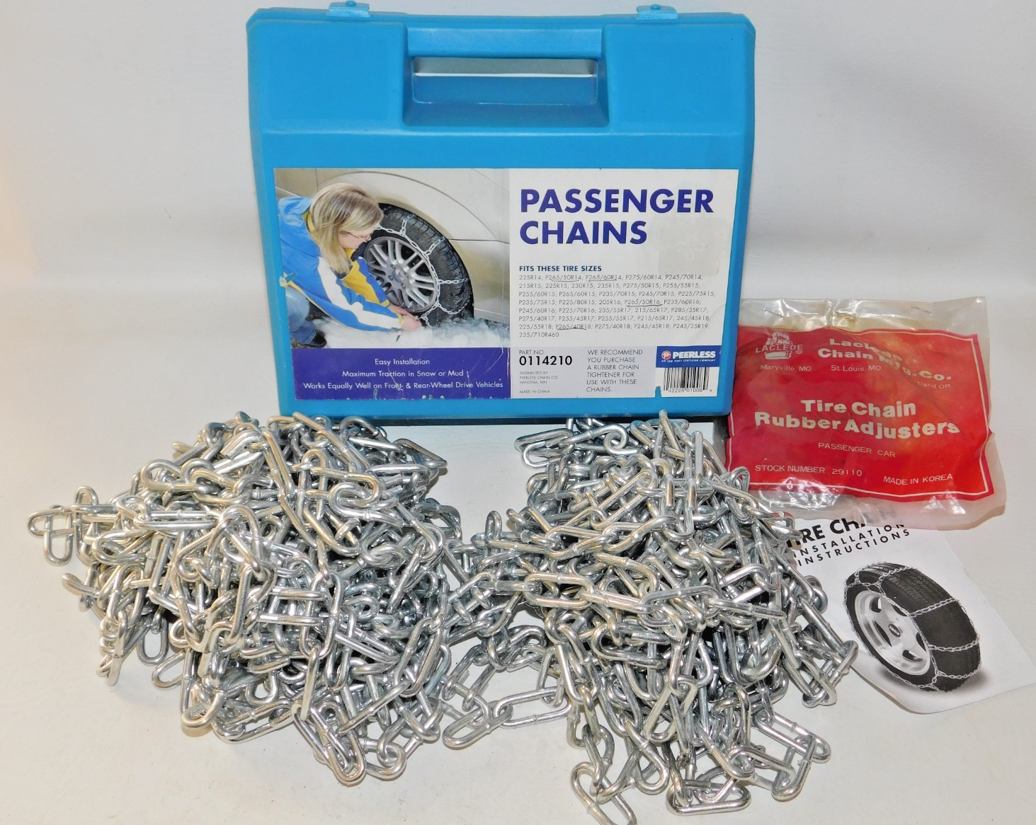 0114210 Peerless Passenger Tire Chains & Rubber Tighteners, 1 Pair - Never Used