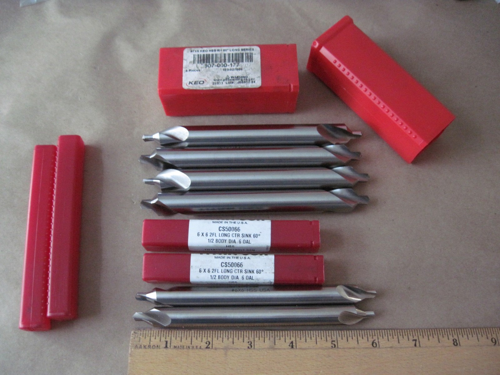 Lot of 6 Long Combination Drill / Countersink, (4) #7 x 6" 90°, (2) #6 x 6" 60°