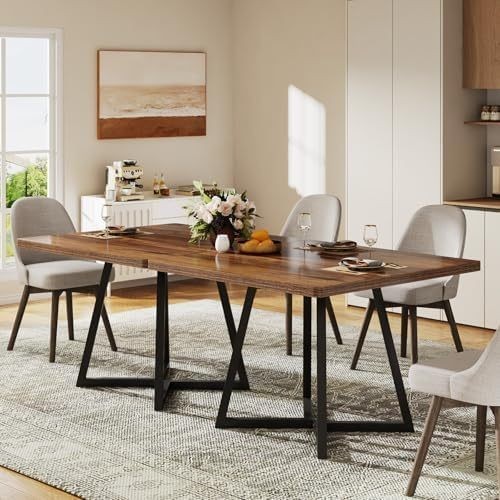 Dining table A brown industrial kitchen table with a black metal frame