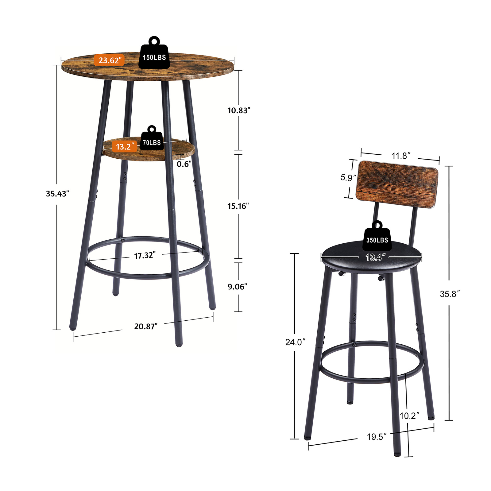 3PCS Industrial Bar Table Chairs Set Pub Table and 2 PU Upholstered Stool Chairs