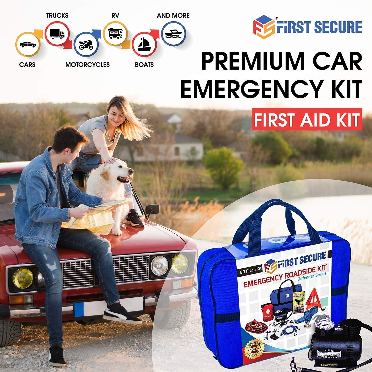 Car Emergency Kit with Air Compressor, First Aid, Tow Strap and More