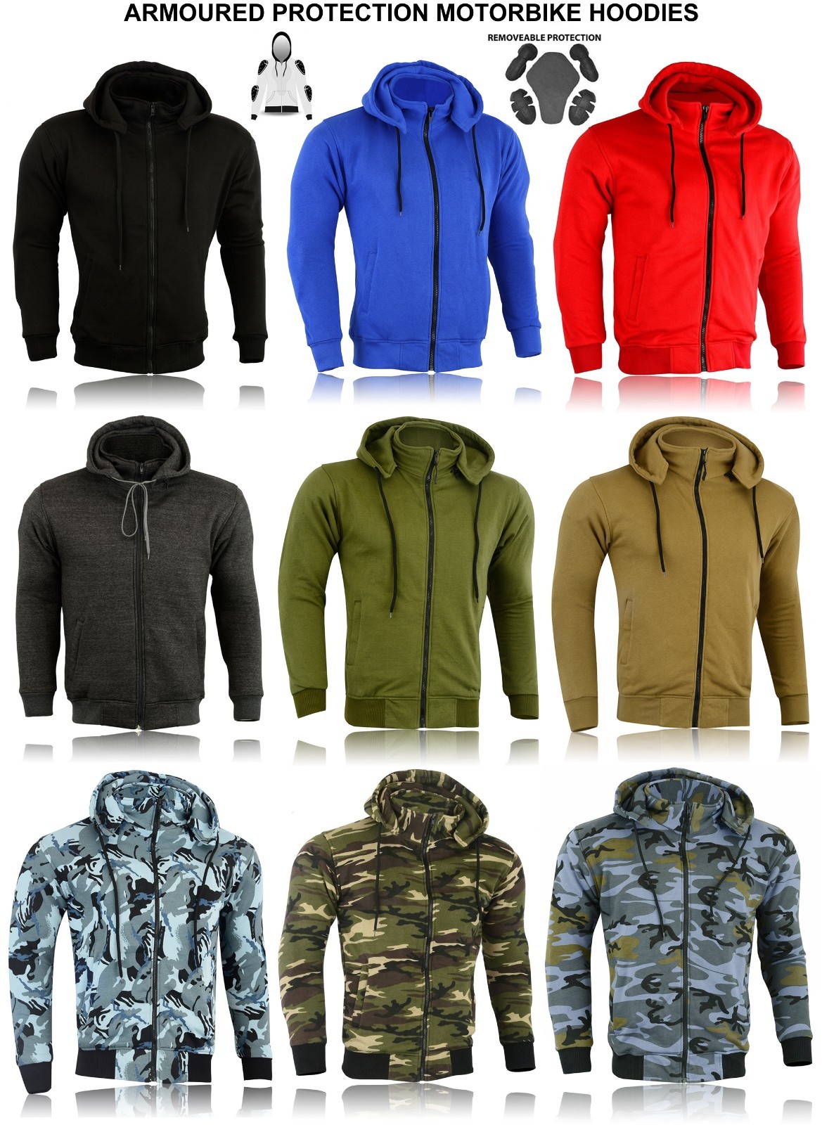 Motorbike Armoured Hoodie MotorCycle Fleece Jacket Safety CE Approved ZIP Armour