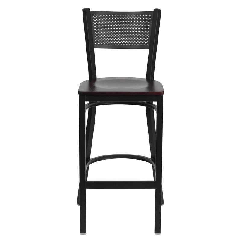 Black Grid Back Metal Restaurant Barstool with Mahogany Wood Seat