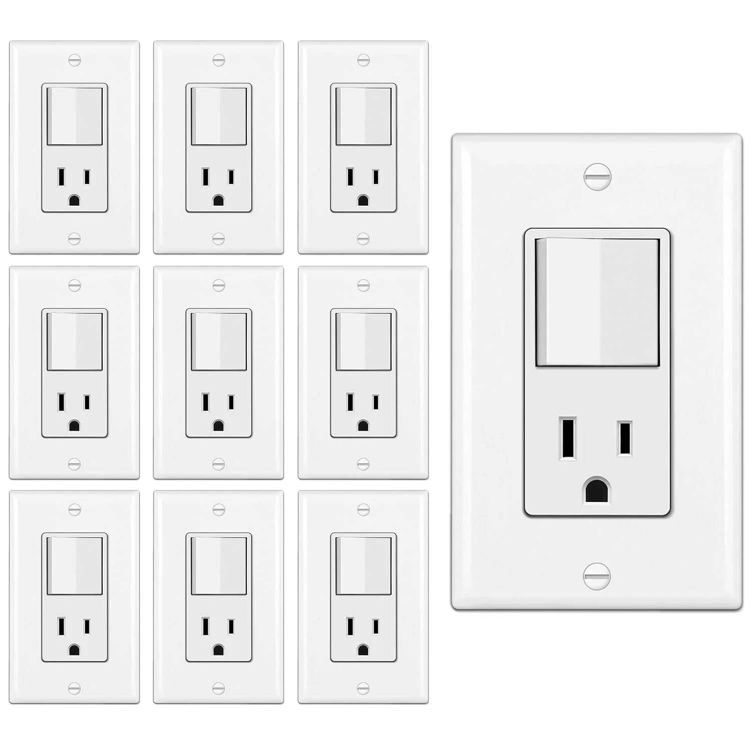 BESTTEN 10 Pack Combination Wall Light Switch and Decor Outlet, Single Pole Rock