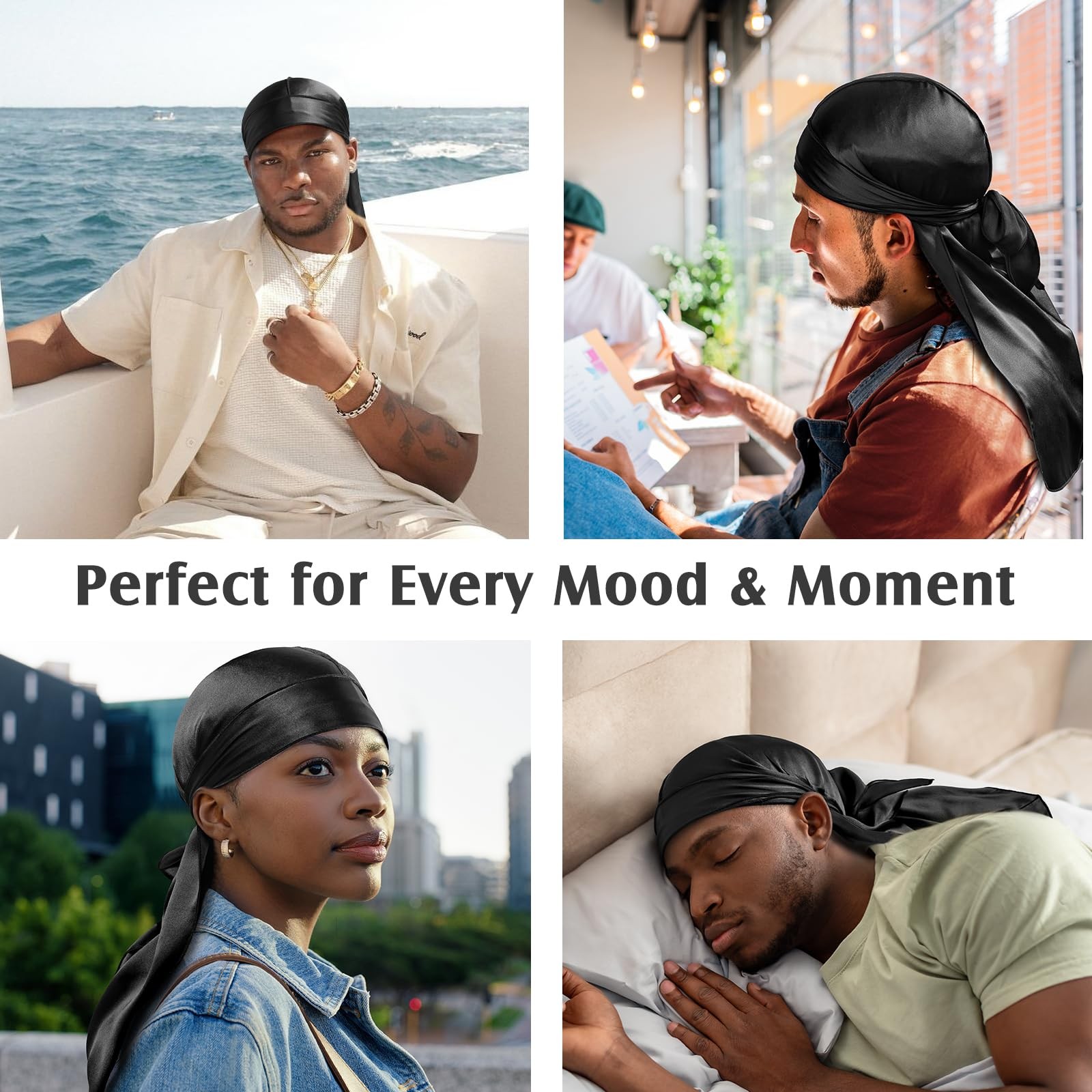 YFONG 100% 22 Momme Mulberry Silk Durags for Men Women, Extra Long Strap Silk...