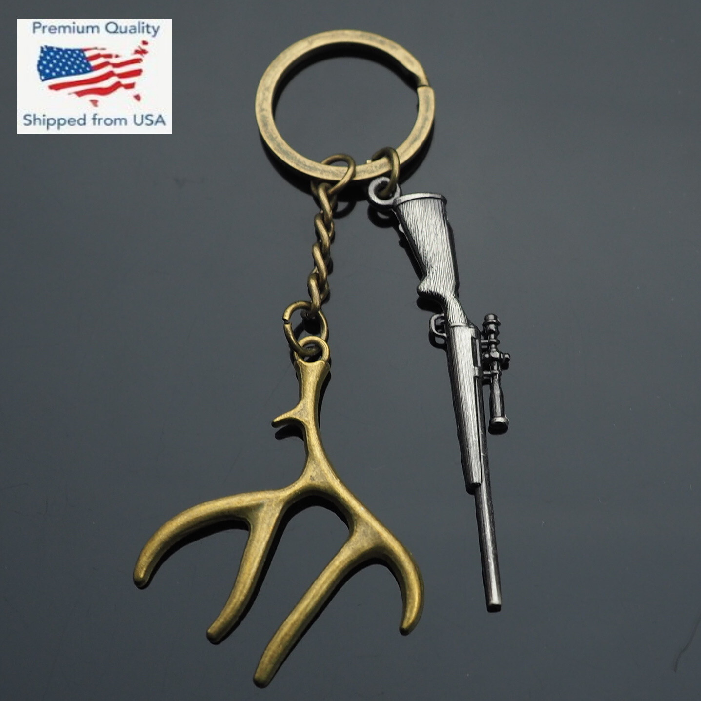 Hunting Rifle Scope & Deer Antler Themed Charms Keychain Gift - Bronze & Black