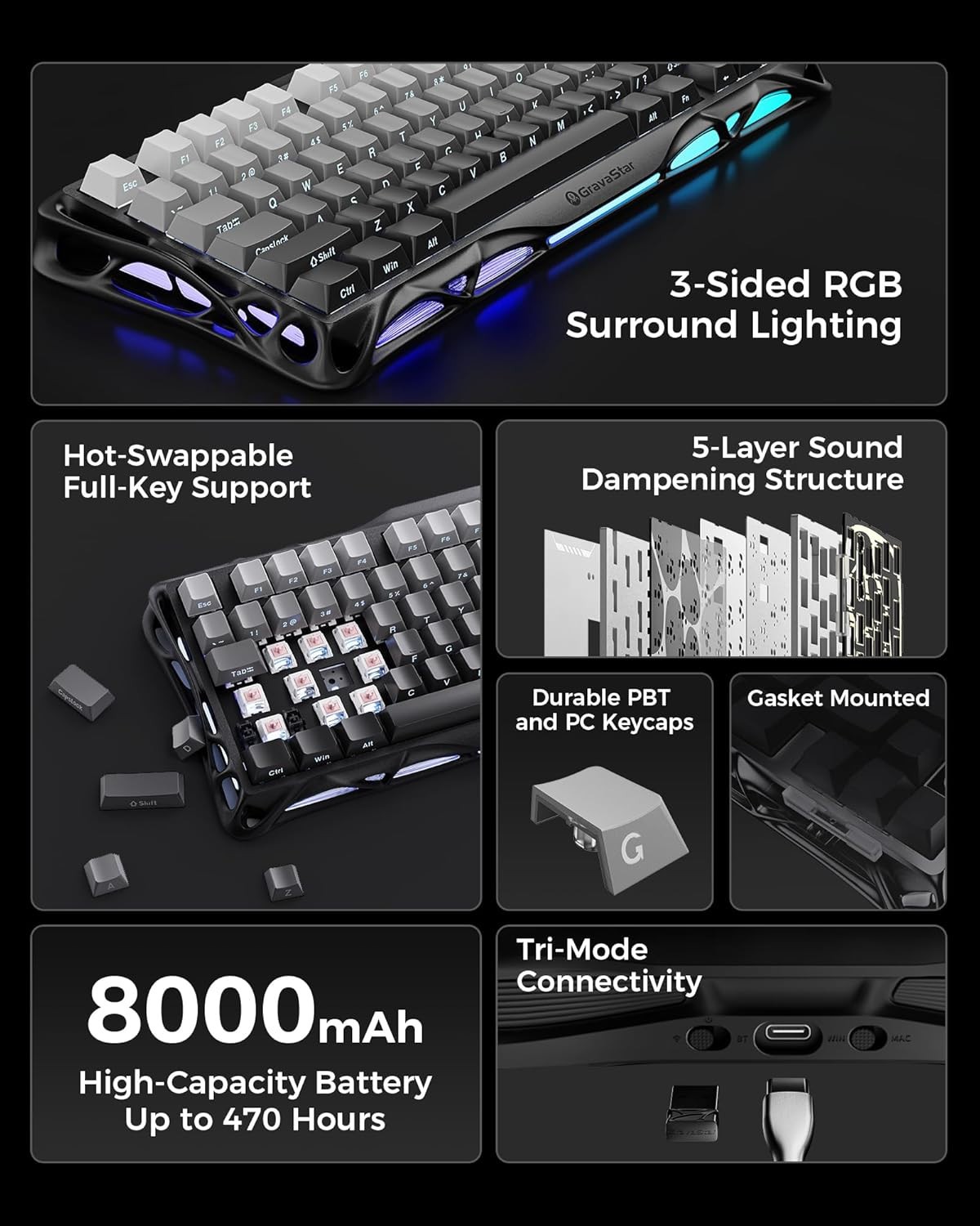 GravaStar Mercury K1 75% Gradient Black Wireless Mech Keyboard