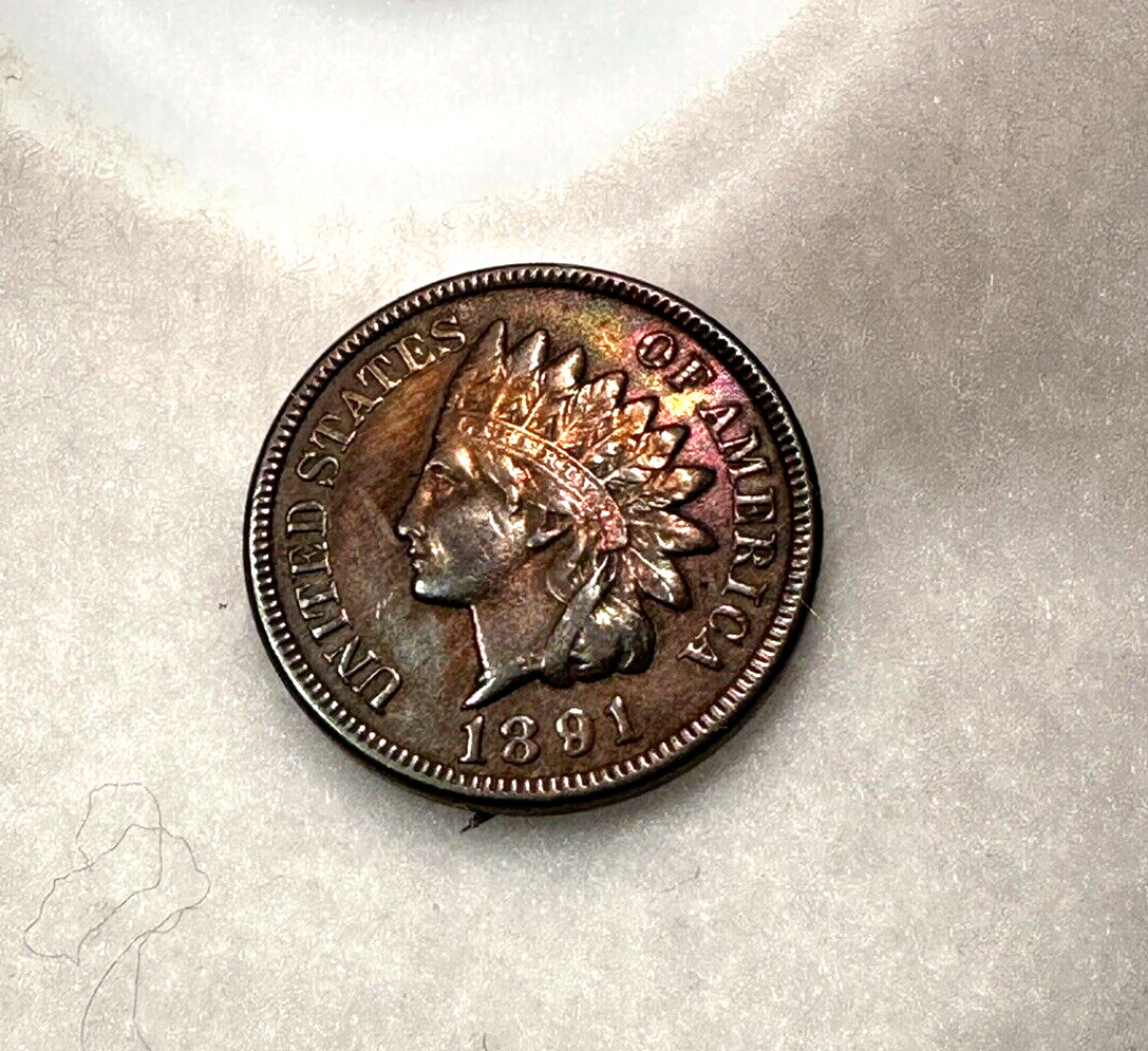 1891 Stunning Rainbow Toned Indian Head Cent Coin Premium Condition Penny
