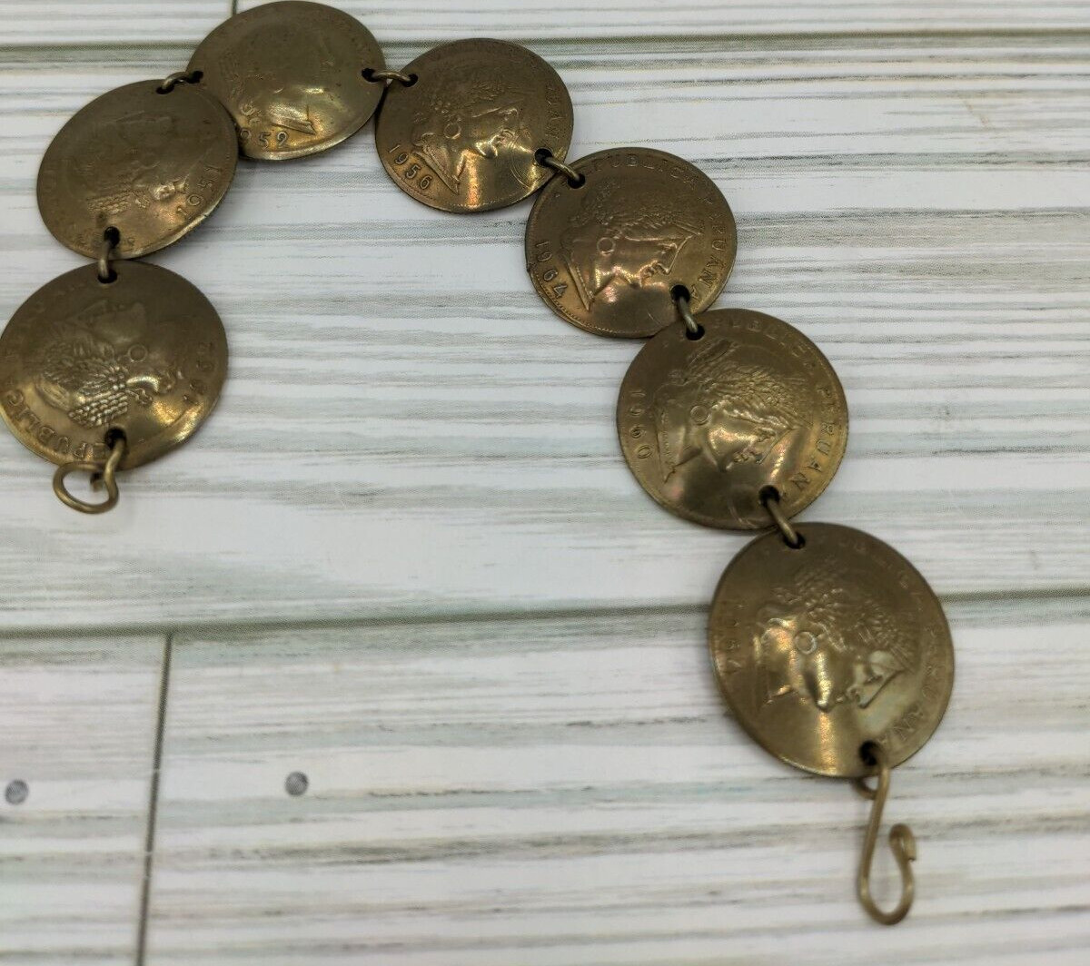 Vintage Peru Brass Coin Bracelet Souvenir Peruvian