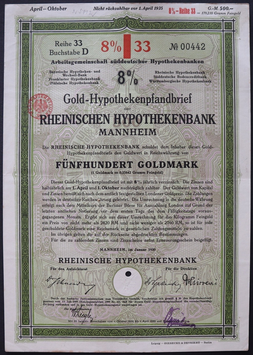500 Goldmark 1930 - Series: 00442 - MANNHEIM-RHEINISCHEN BANK Loan Bond - "Y132
