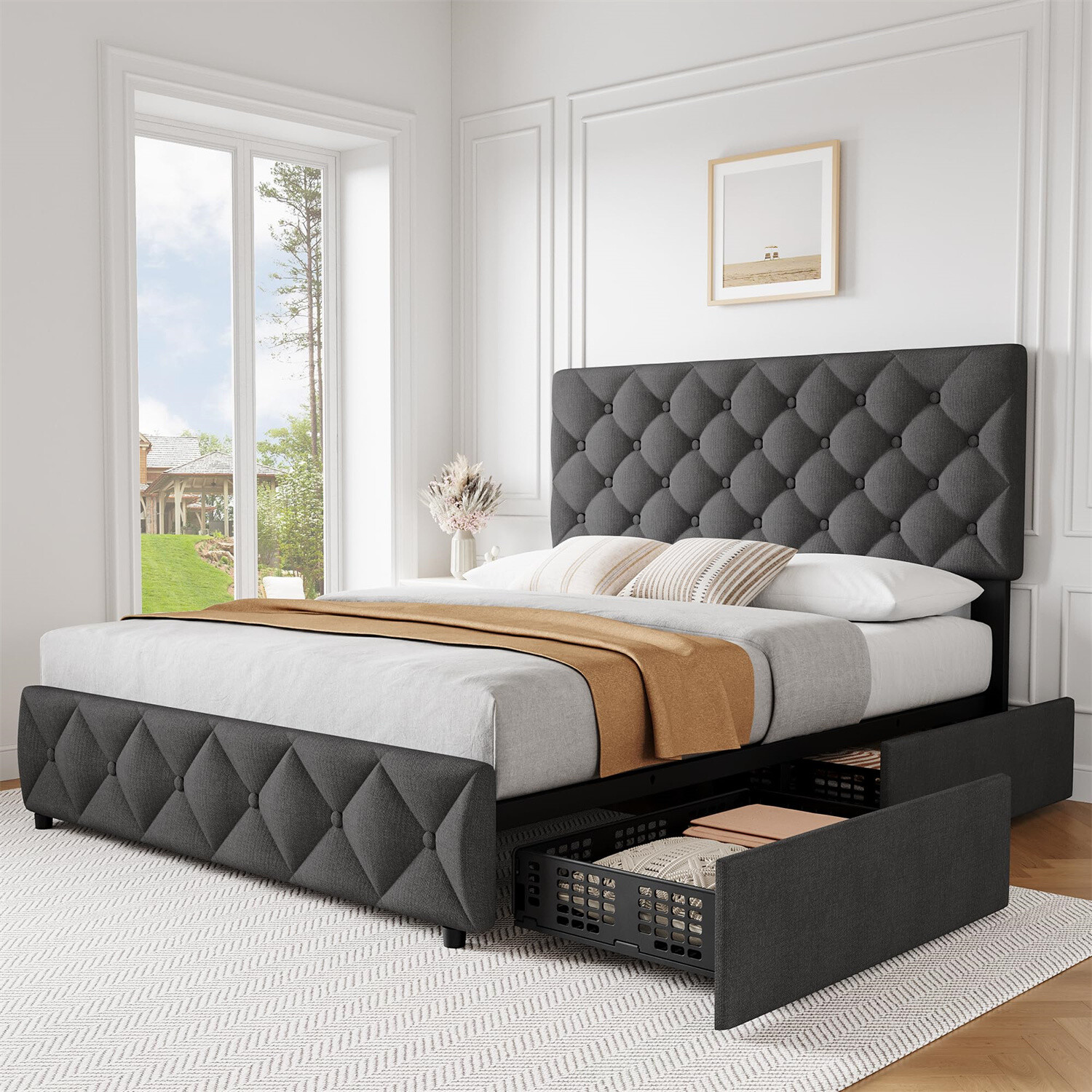 ⏯✅4 Storage Drawers and Headboard Queen Bed Frame Upholstered Platform Bed Frame