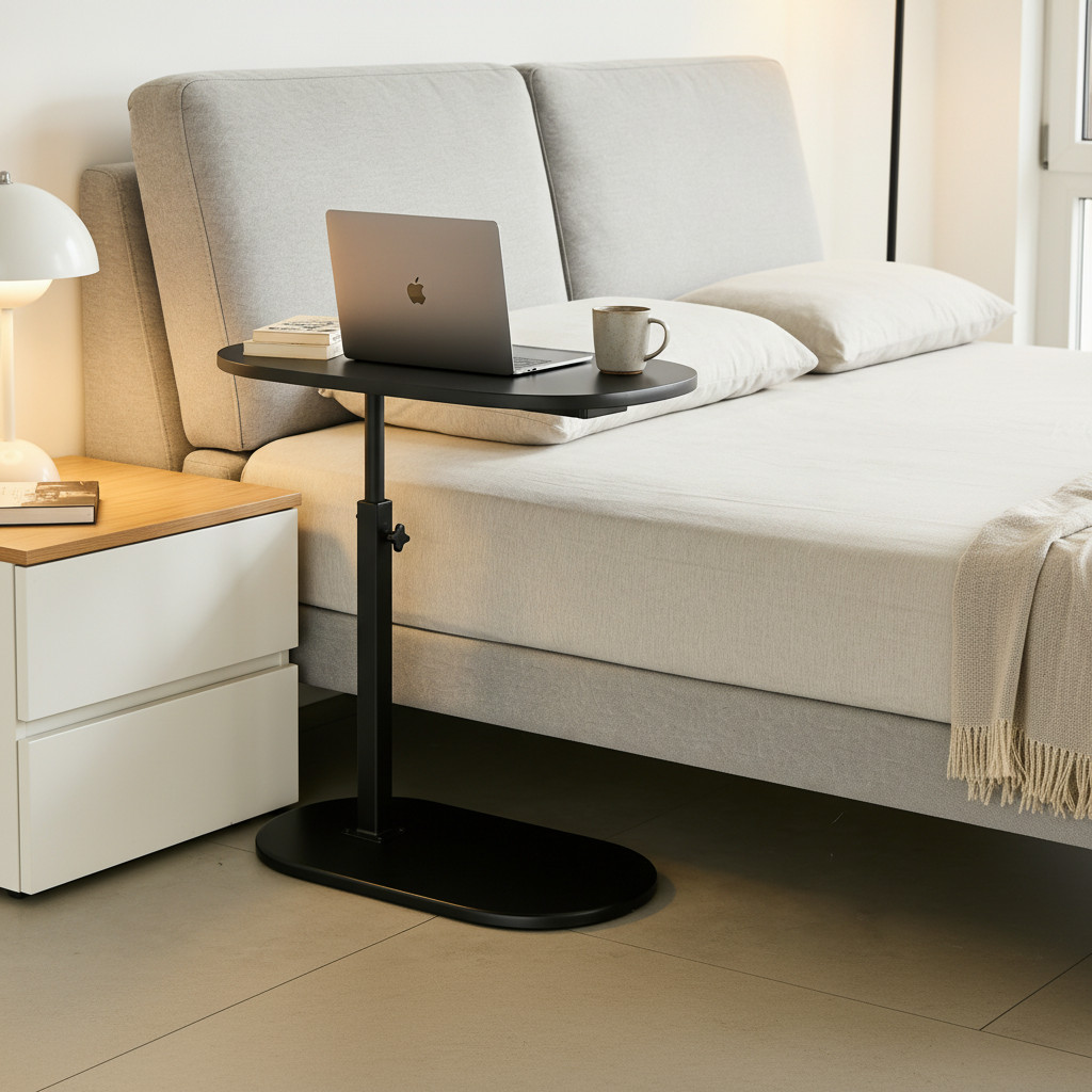 47*32cm Black Height Adjustable Swivel Side Table, C-Shaped Sofa End Table
