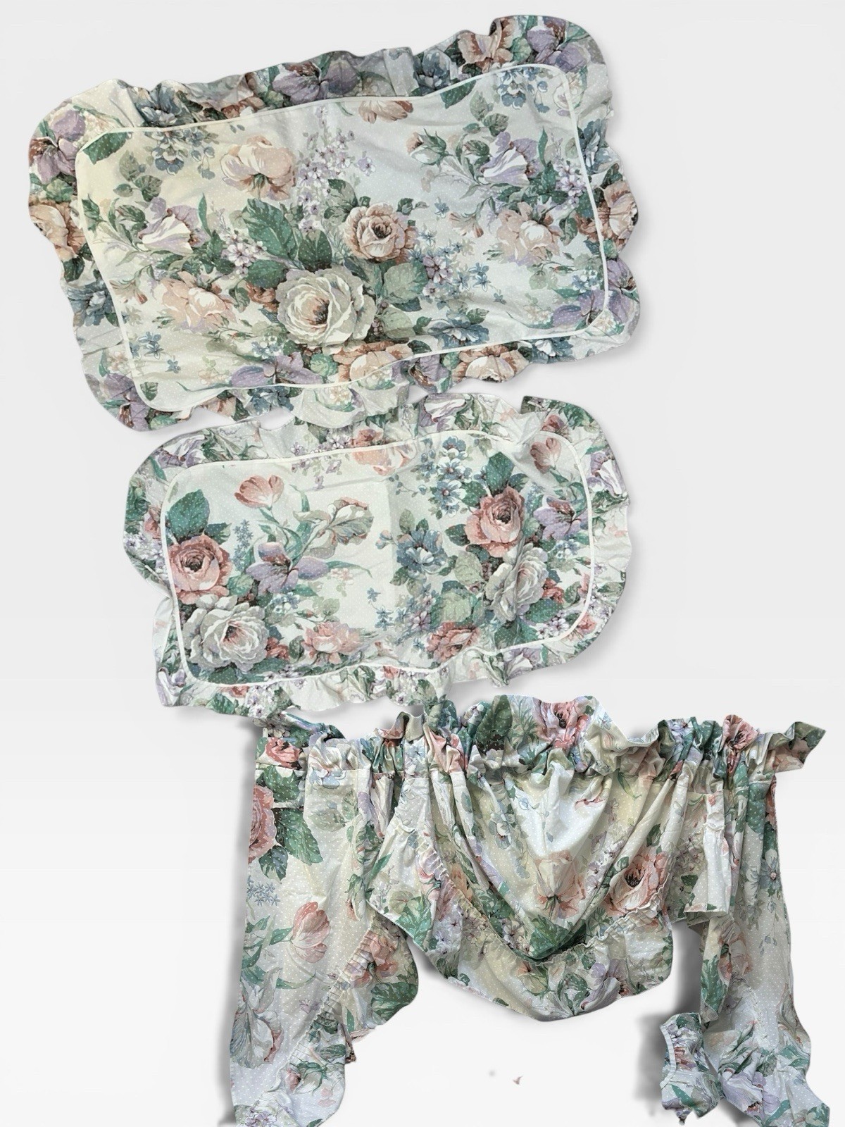 Vintage 1988 Martha Stewart Floral Valance + King Shams Ruffle USA Set