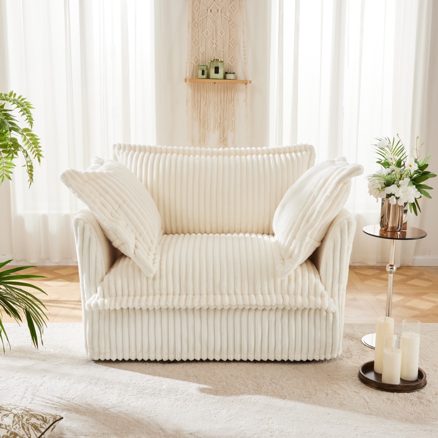 Single Sofa Corduroy Upholstered Armchair Living Room Furniture w/ Pillows Cream