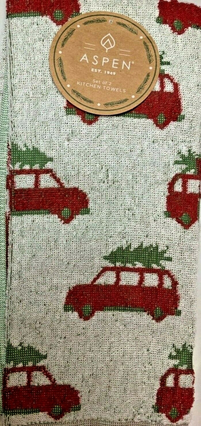 ASPEN  (2) KITCHEN TOWELS  CAR WITH TREE RED GREEN  20 X 24  100% COTTON NWT