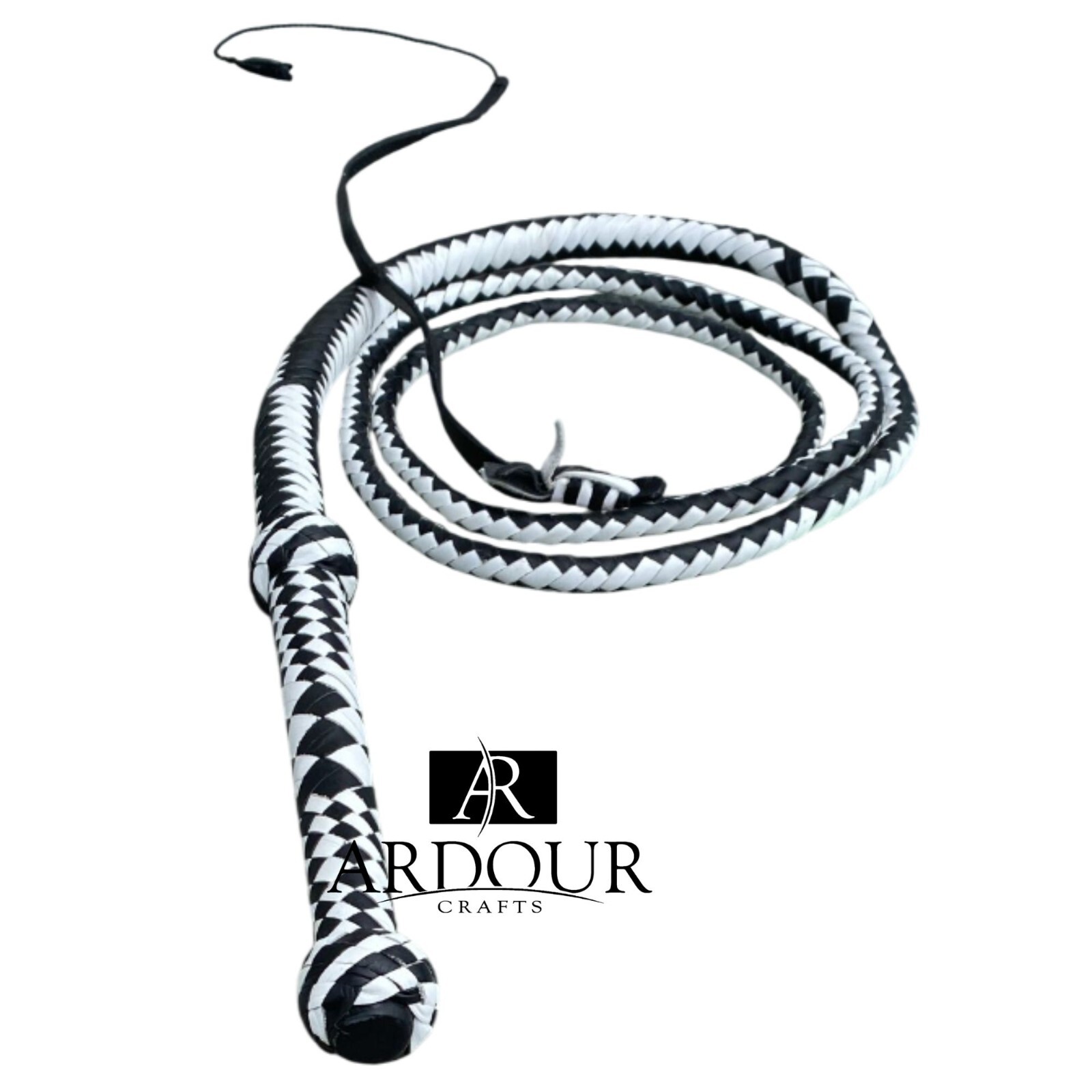 8 Feet Leather Stock Bullwhip 12 Plait Black & White Heavy Whip - Loud Crack Pro