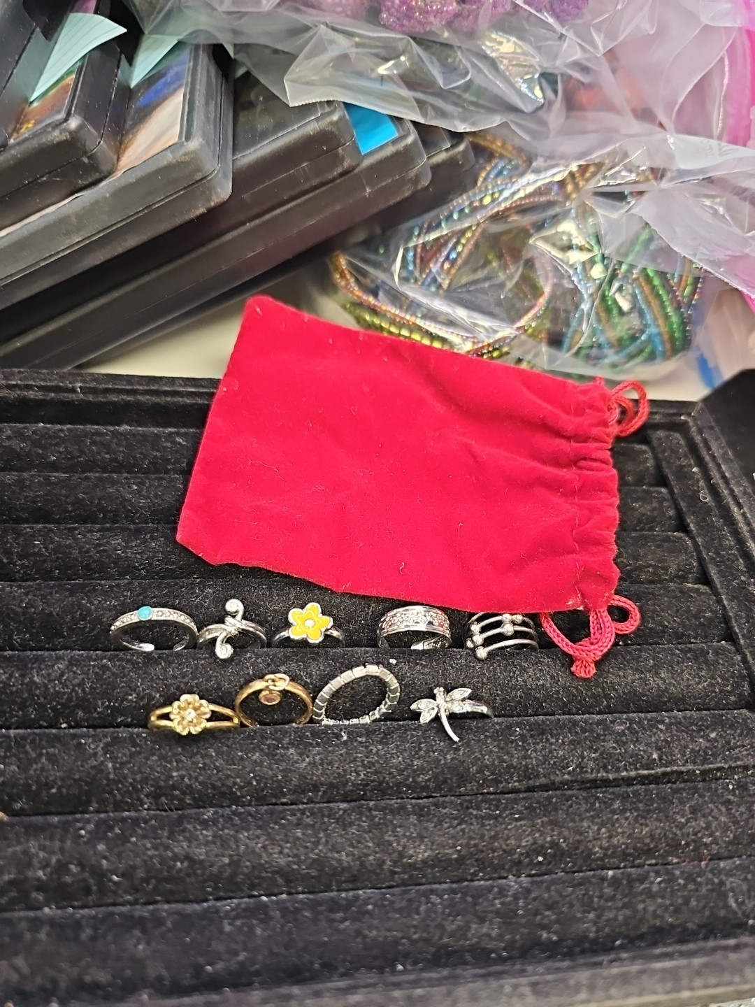 9 Toe Rings Adjustable With Red Velveteen Pouch Goldtone & Silvertone Dragon Fly