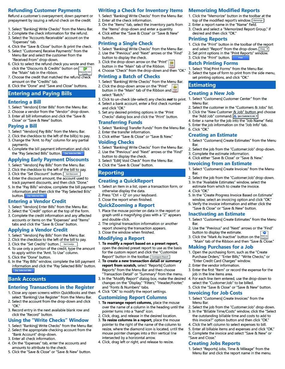 QuickBooks Pro 2014 Training Guide Quick Reference Card 4 Page Cheat Sheet
