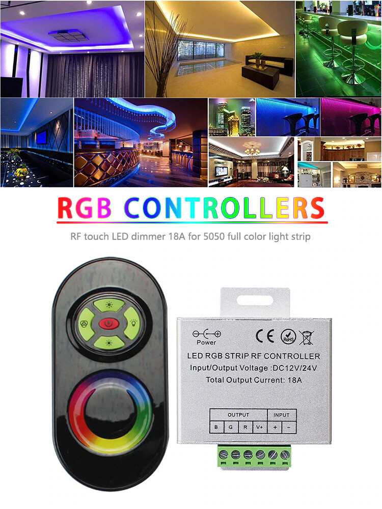 LED RGB Strip Controller 18A DC12V 24V RF Wireless Touch Remote Control Dimmer