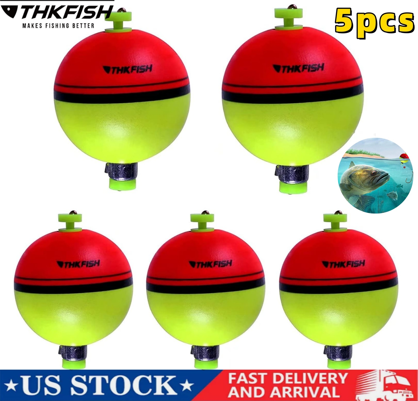 THKFISH 5Pcs Floats EVA Foam Weighted Fishing Bobbers Snap-on Fishing Buoy US
