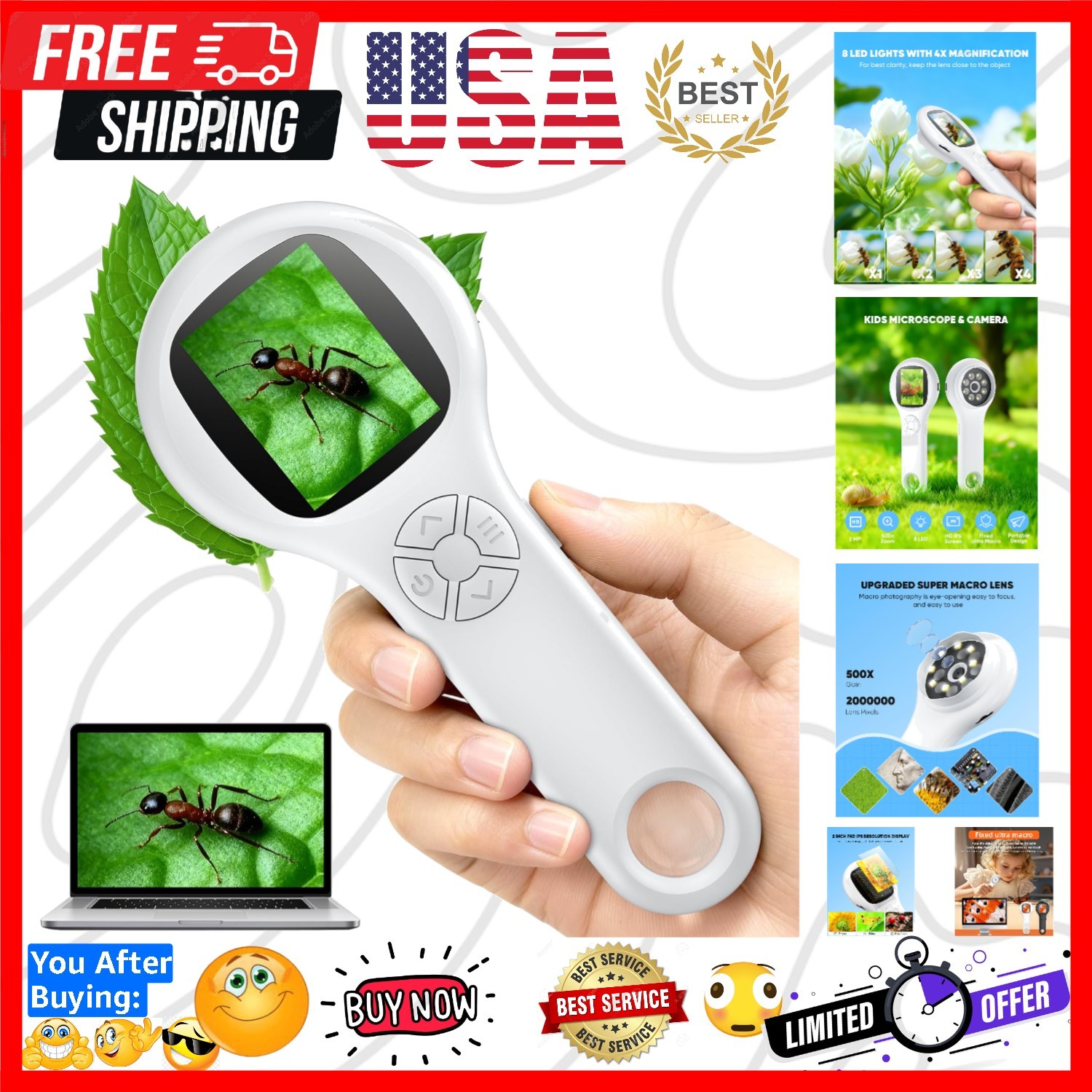 Mini Pocket Digital Microscope, Macro Fixed Focus Magnifying Glass, Portable ...