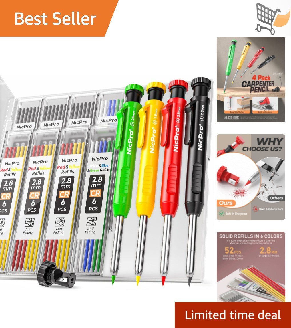 Carpenter Pencils Set with Sharpener 52 Refills Heavy Duty Marking Tools